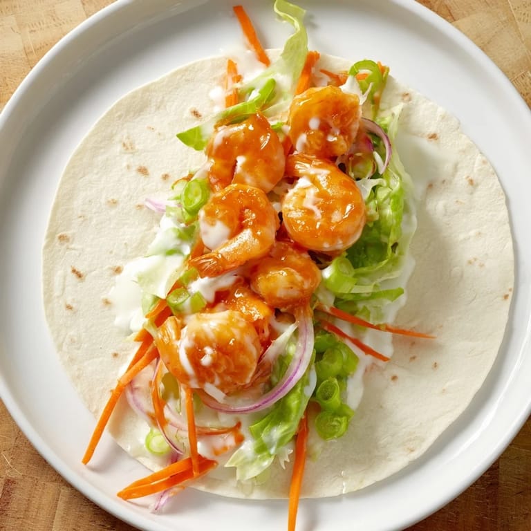 Close-up of savory buffalo shrimp wraps, the spicy shrimp nestled in a soft tortilla with crisp fillings.