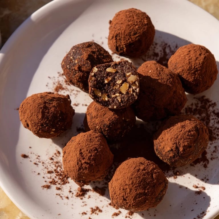 Close-up of freshly made Date & Walnut Truffles, ready to eat, with a dusting of rich cocoa.