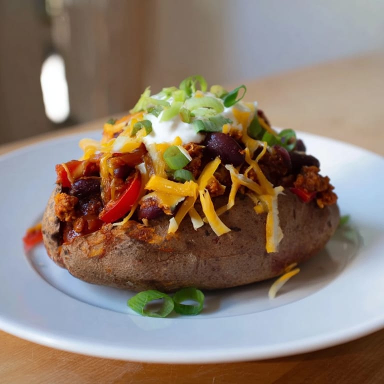 This hearty Chili-Style Baked Potato recipe features fluffy baked potatoes smothered in delicious bean chili.