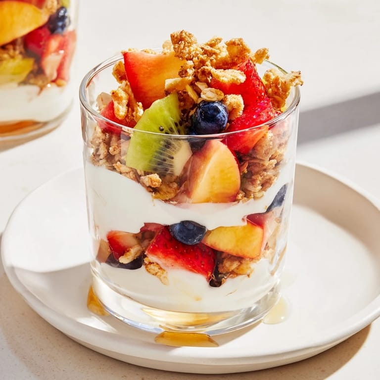 A close-up of a refreshing Yogurt Parfait, featuring ripe berries, creamy yogurt, and crispy granola layers.