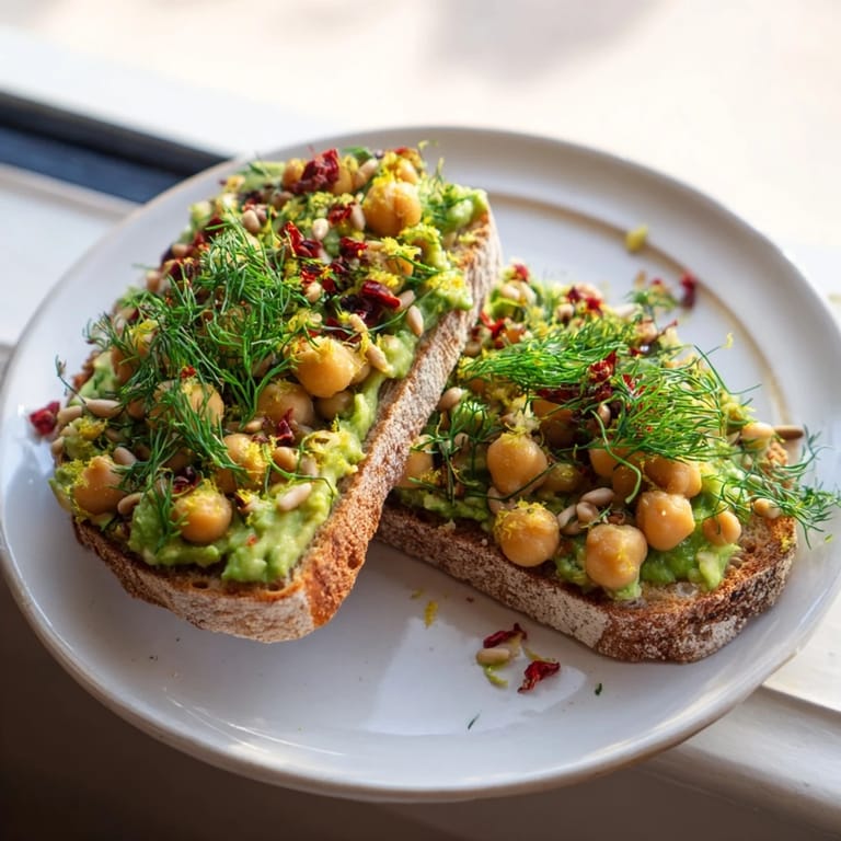 This vibrant avocado toast features seasoned chickpeas and fresh herbs, a delightful culinary twist.