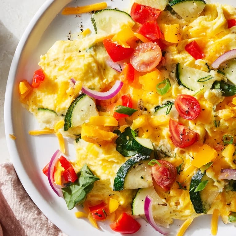 Freshly baked bright Egg & Veggie Sheet Pan Scramble, boasting fluffy eggs and seasoned veggies.