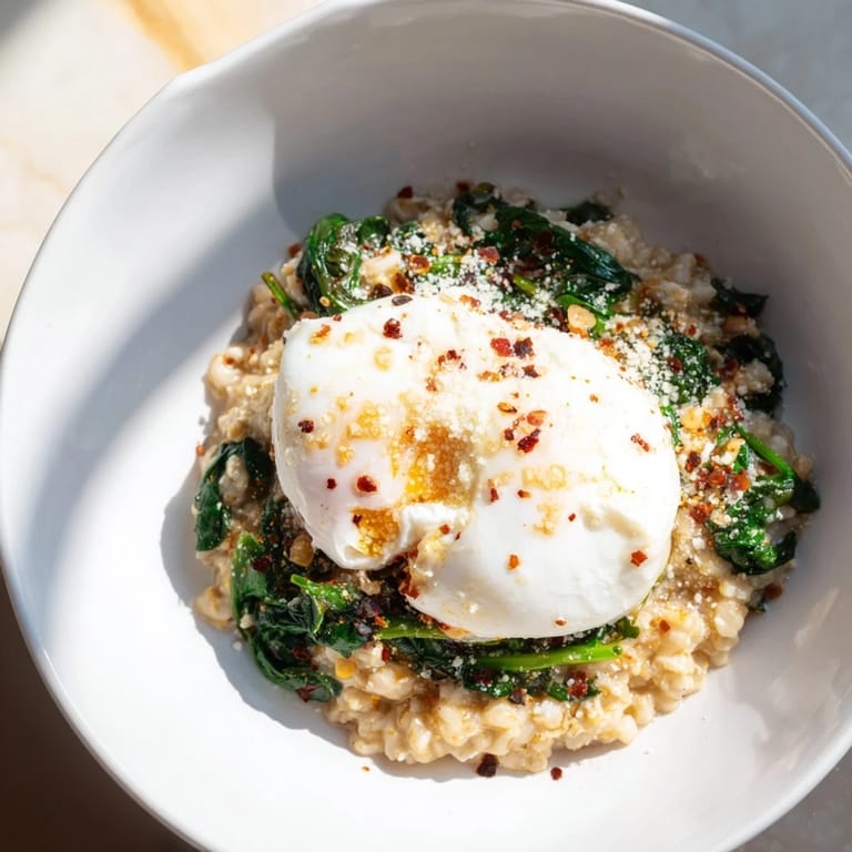 Creamy Savory Oatmeal with Spinach and Poached Egg, a delicious and inviting vegetarian breakfast, garnished with Parmesan.