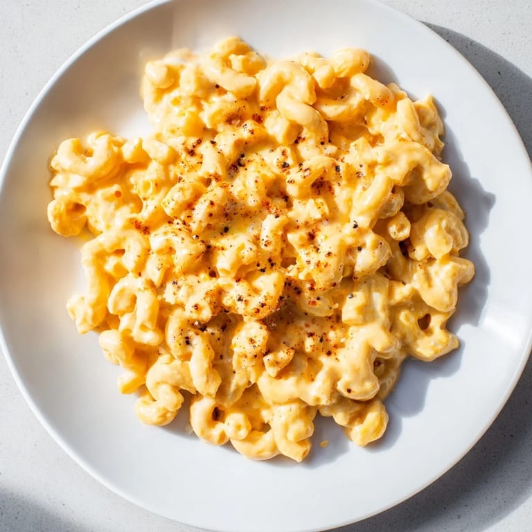 A close-up of a bowl of one-pot butternut squash mac & cheese, garnished with herbs and extra cheese.