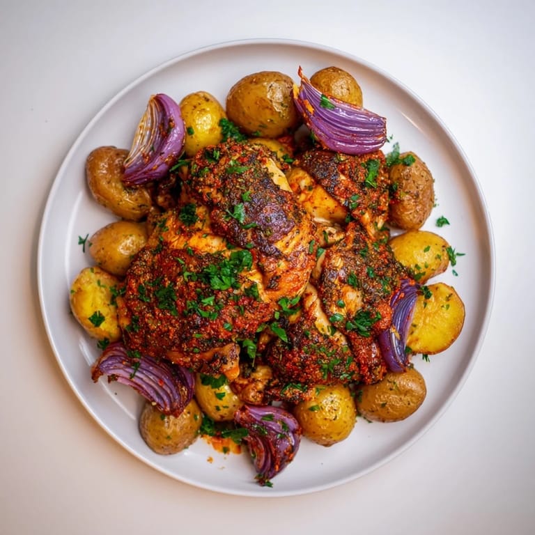 Savory Sheet Pan Zaatar Chicken: a flavorful one-pan meal, featuring herbs and perfectly cooked potatoes.