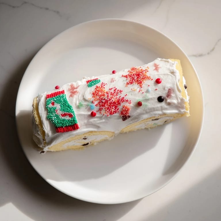 Brightly decorated, sliced Ugly Sweater Cake Roll, ready to delight dessert lovers at a party.