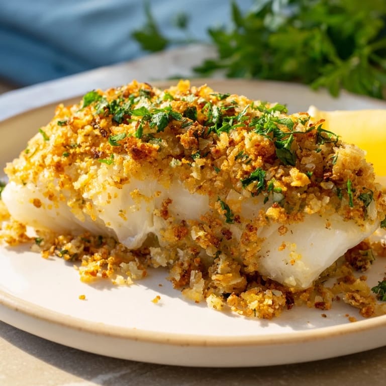 Flaky, tender baked cod with a buttery Ritz cracker crust: a comforting New England meal, ready to eat.