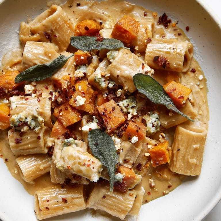 Tender pasta coated in a creamy sauce, showcasing this viral sweet potato goat cheese dish.