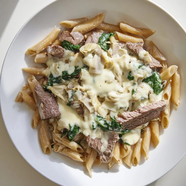 Cheesy Steak & Spinach Artichoke Pasta Bake, a perfect main dish, with flecks of spinach and artichoke visible.