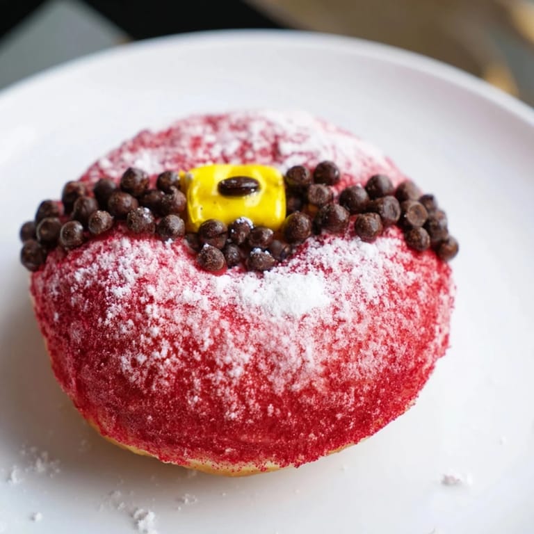 Freshly fried Santa Belly Donuts, coated in vibrant red glaze, perfect for a Christmas dessert.