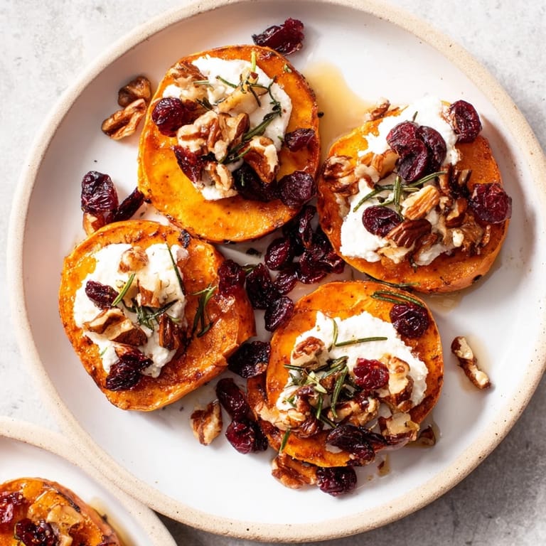 Festive Express Holiday Sweet Potato Rounds, showcasing roasted sweet potato slices with holiday toppings, perfect for a party.