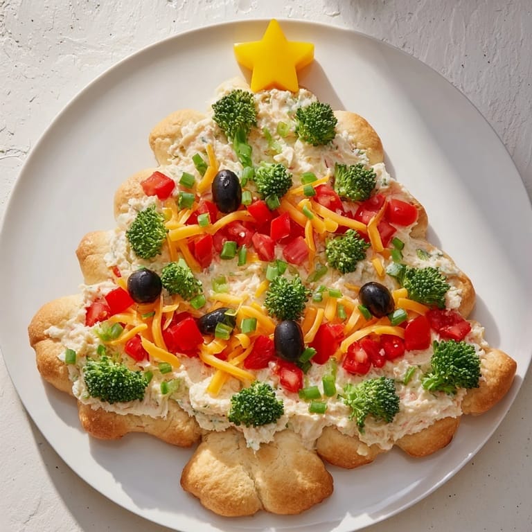Fresh, festive Christmas Tree Veggie Pizza appetizer: a crunchy, golden crust topped with colorful veggies and cheese.
