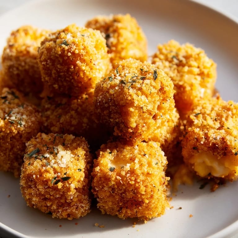 Close-up of baked Ditalini Mac and Cheese Bites, showing the creamy cheese filling and crunchy coating.