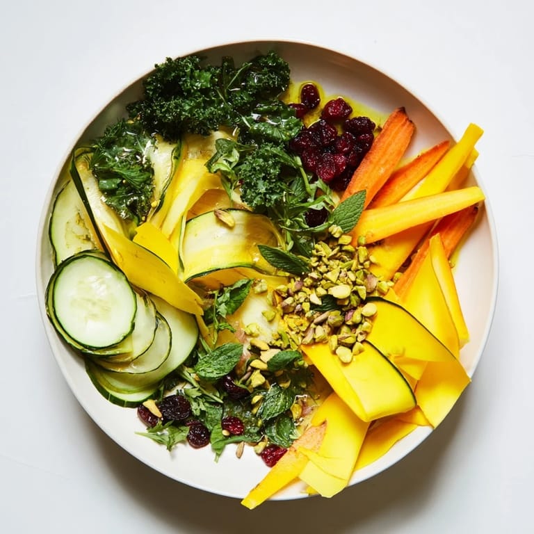 Vibrant vegetable ribbons with crunchy pistachios and dried cranberries compose this elegant Pistachio and Cranberry Layered Ribbon Salad.