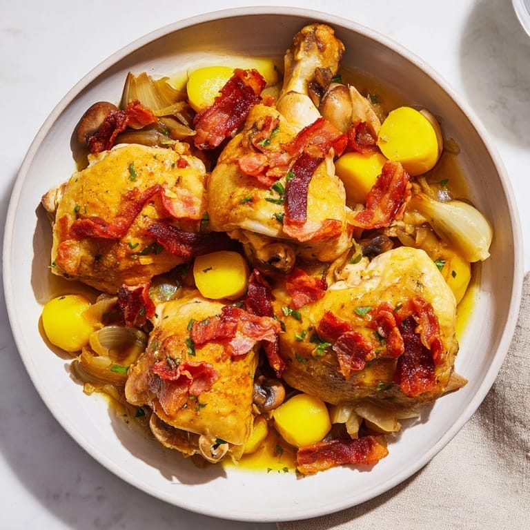 Close-up of Instant Pot Coq au Vin Style Chicken Thighs, showcasing juicy chicken and flavorful vegetables.