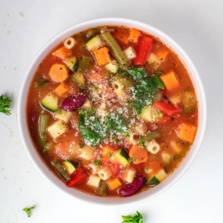 A hearty bowl of Veggie-Packed Minestrone Christmas Pasta Pot with pasta, tomatoes, and greens, ready to warm you.