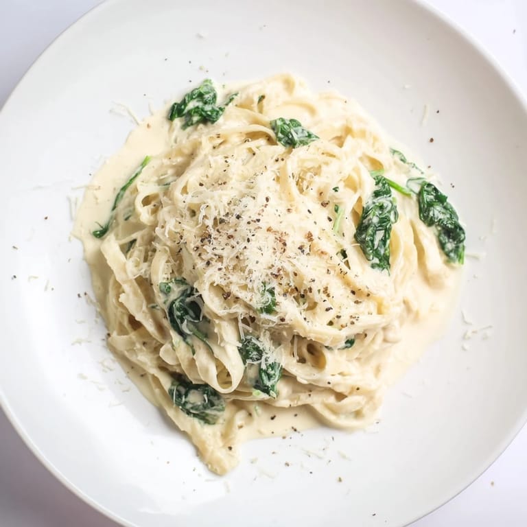 Freshly plated Creamy Greek Yogurt Spinach Alfredo Pasta boasts a swirl of creamy sauce with vibrant green spinach and grated Parmesan.