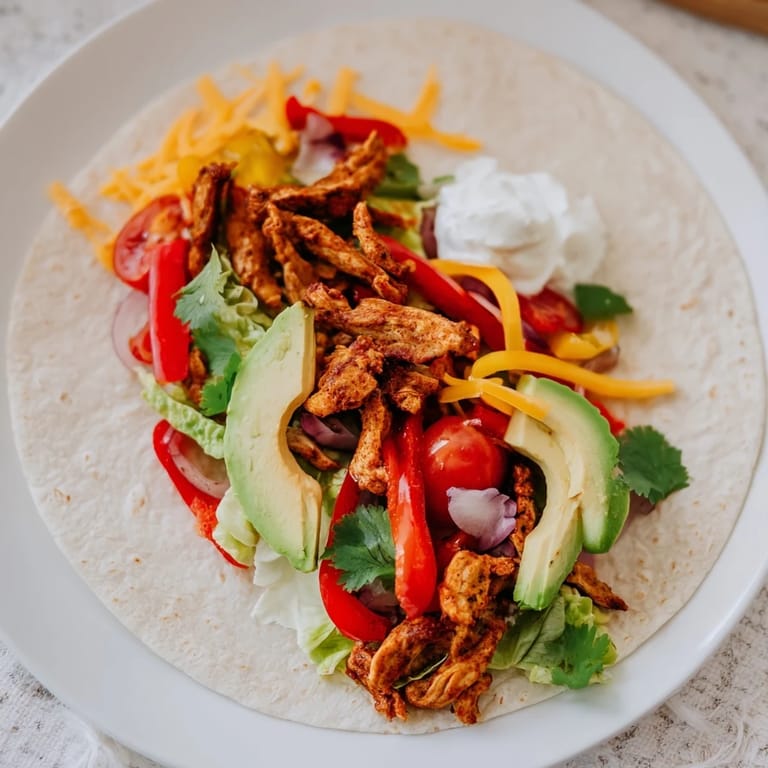 Roasted Sheet-Pan Fajita Chicken Rainbow Wraps, ready to eat, with melted cheese and fresh toppings in a tortilla.