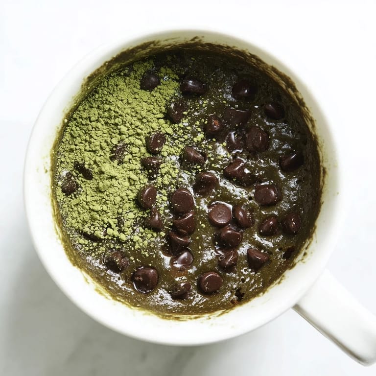 Single-serving Matcha Peppermint Brownie Batter Mug Cake bubbling in a mug, boasting vibrant green matcha flavor.