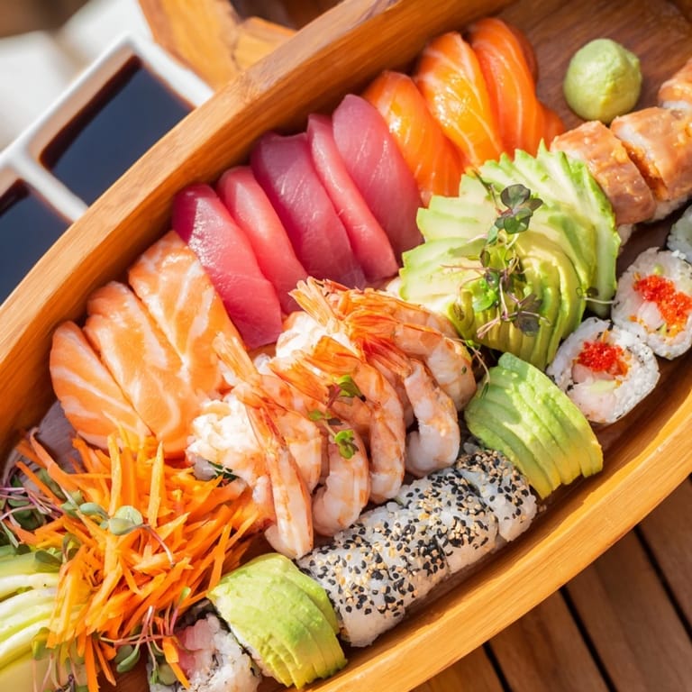 This Sail Away Boat-Shaped Sushi Platter shows off delicate sushi art with tuna, salmon, and shrimp.