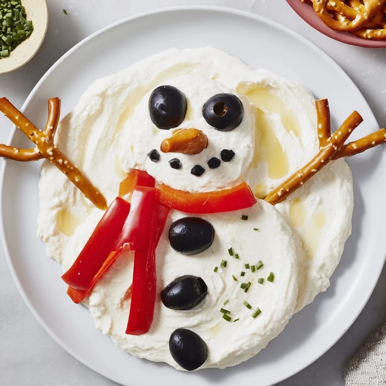 Homemade Melted Snowman Dip Bowl, a fun, kid-friendly appetizer, pictured with veggie sticks.