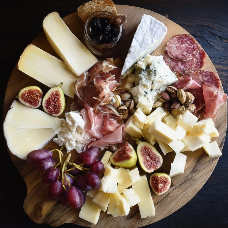 A close-up of the Éclat dÉtoiles Planche de Noël 2025 shows glistening grapes and creamy cheeses, ready to serve.