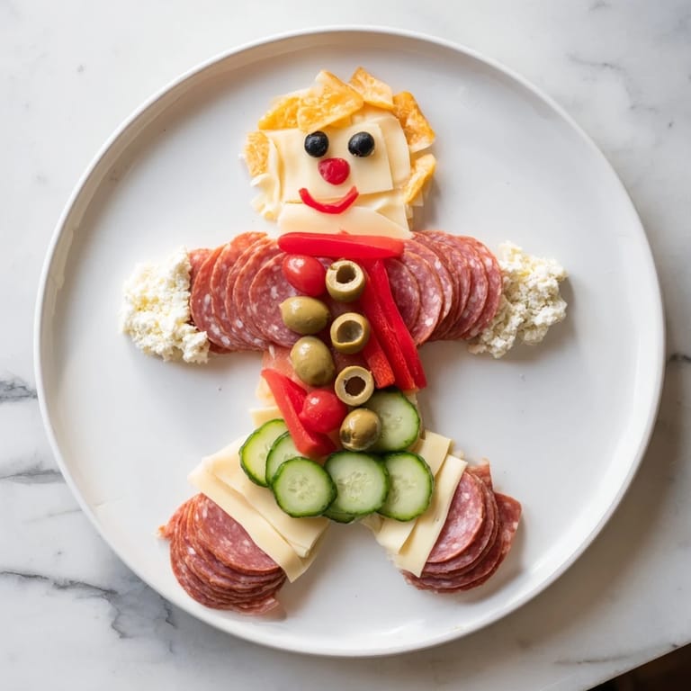 Close-up of a delicious Gingerbread Man Savory Charcuterie featuring prosciutto, Swiss cheese, and olives served on a platter.