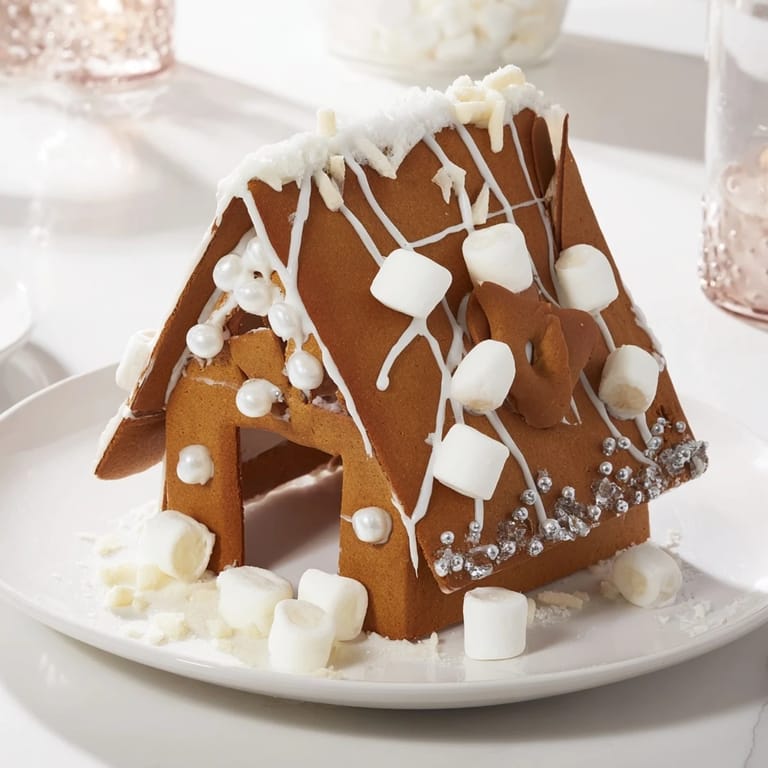 This beautifully decorated gingerbread house frame, with edible details, promises a deliciously tempting sugar-cookie experience.