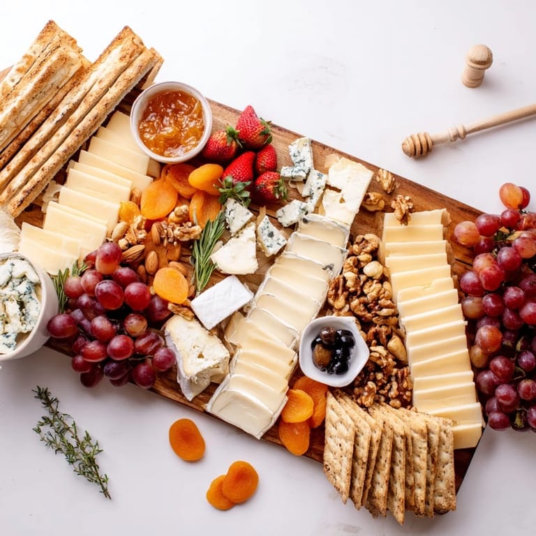 Artfully arranged, The Waterfall Edge Grazing Board features cheeses, fruits, and meats spilling off the edge.