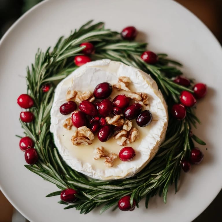 Picture a Brie Cheese Wheel with Rosemary Wreath, a simple appetizer perfect for any gathering.