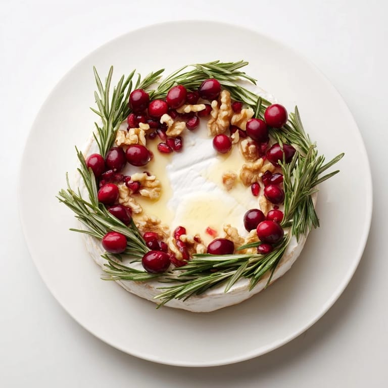 Festive Brie Cheese Wheel with Rosemary Wreath, beautifully decorated for a holiday appetizer, looks delicious.