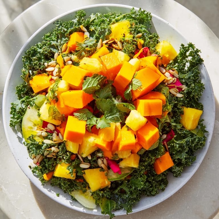 Bright yellow fruit at the heart of The Sunlit Glade salad, surrounded by leafy green herbs.