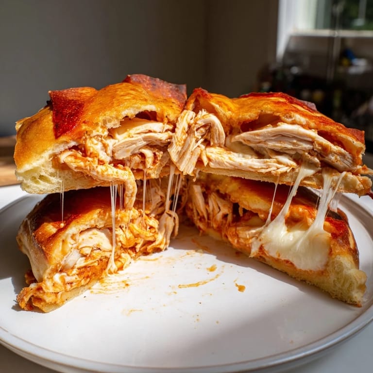 Crispy crusts encase shredded chicken and melted cheese in this scrumptious leftover pizza grilled cheese.