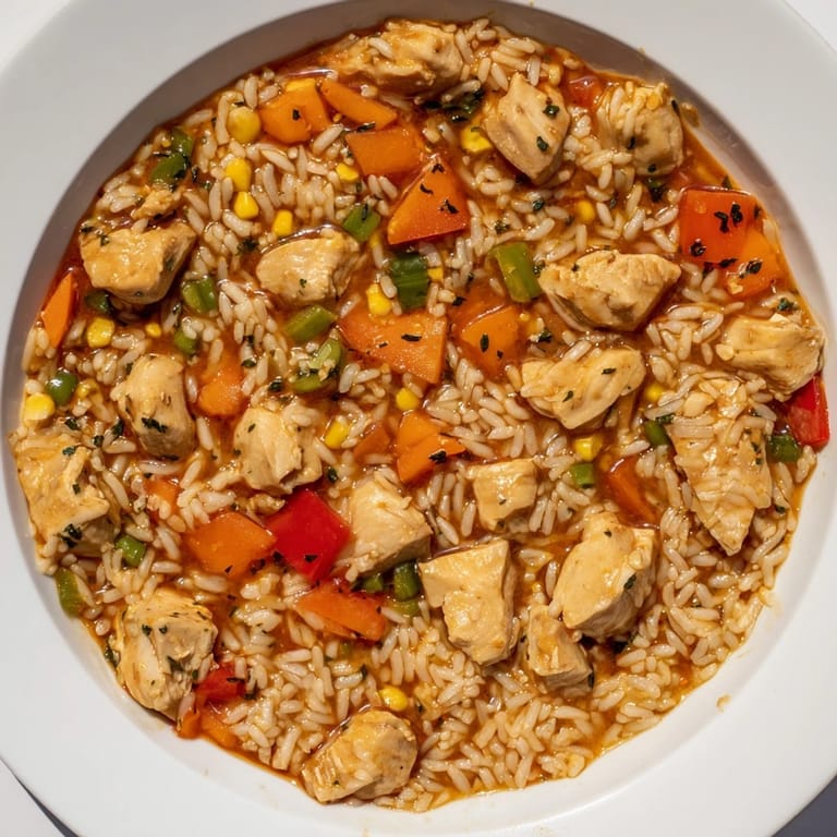 Warm and aromatic One-Pot Chicken and Rice, brimming with colorful vegetables and delicious seasonings in preparation.