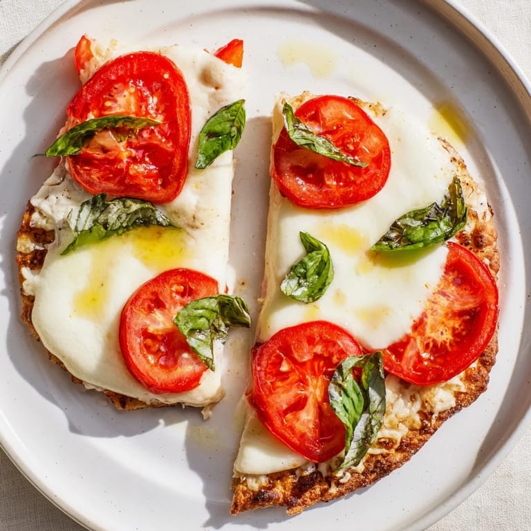 Get ready for Quick Margherita Naan Pizza: a close-up of the bubbly, delicious baked flatbread.