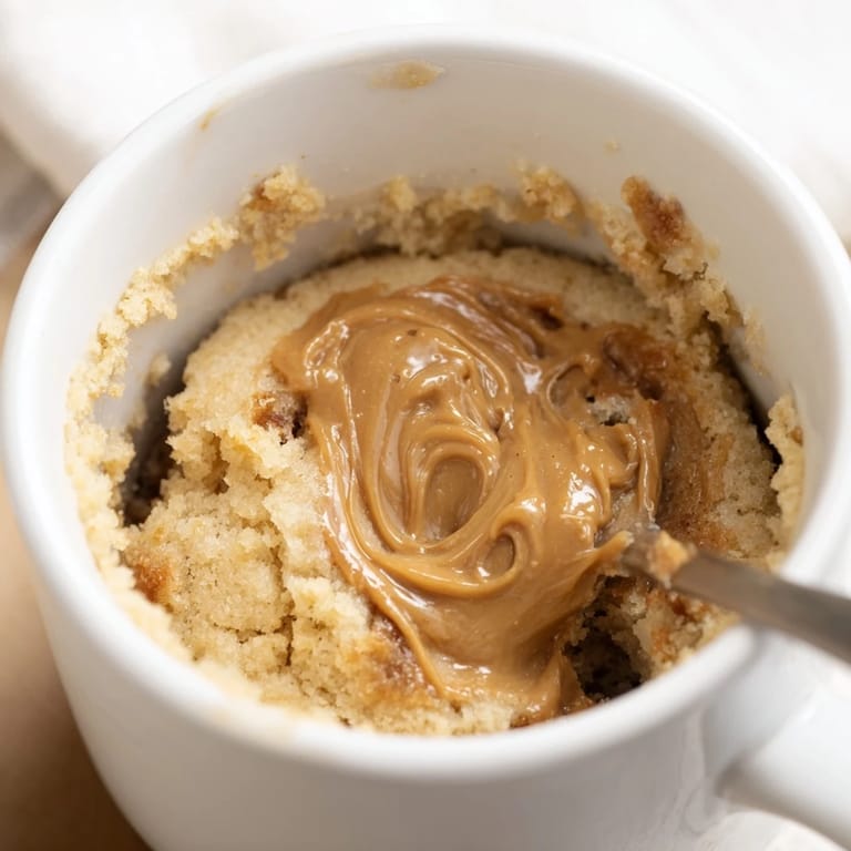 This rich 2-Minute Peanut Butter Mug Cake, ready in minutes, looks delicious with tempting, melted toppings.