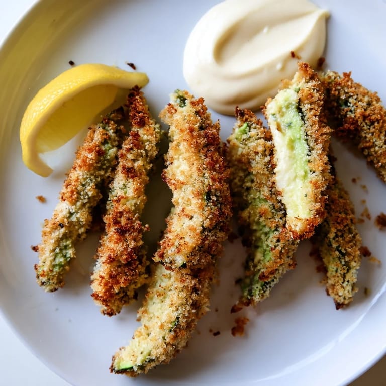 A close-up of beautifully baked avocado fries: golden, crunchy, and absolutely delicious.