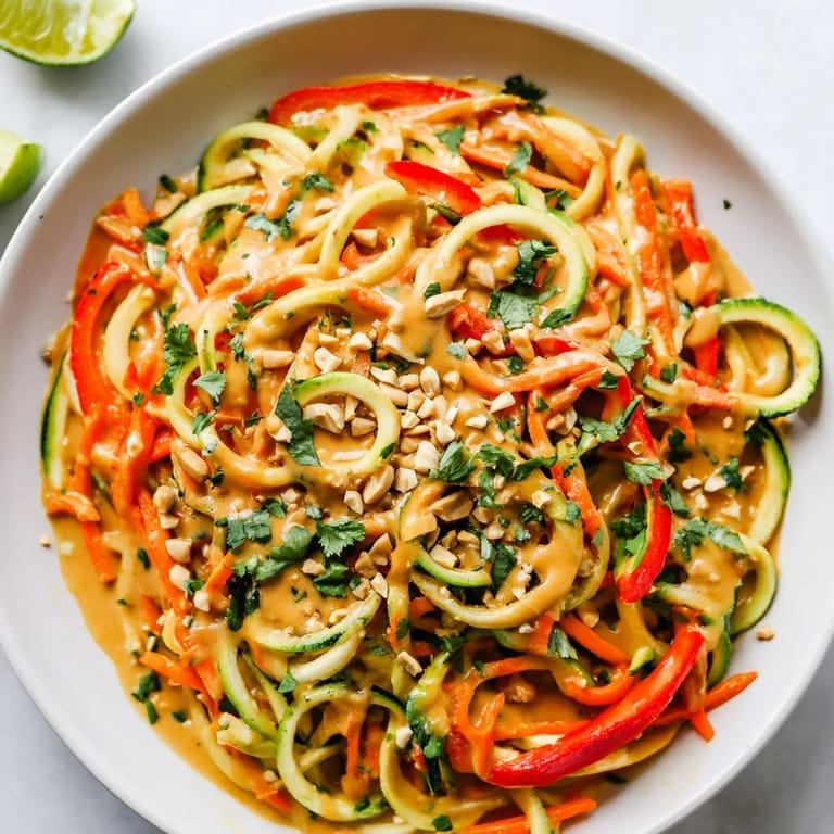Cool, spiralized Zesty Peanut Zucchini Noodles, tossed and ready to eat with fresh cilantro and crunchy peanuts.