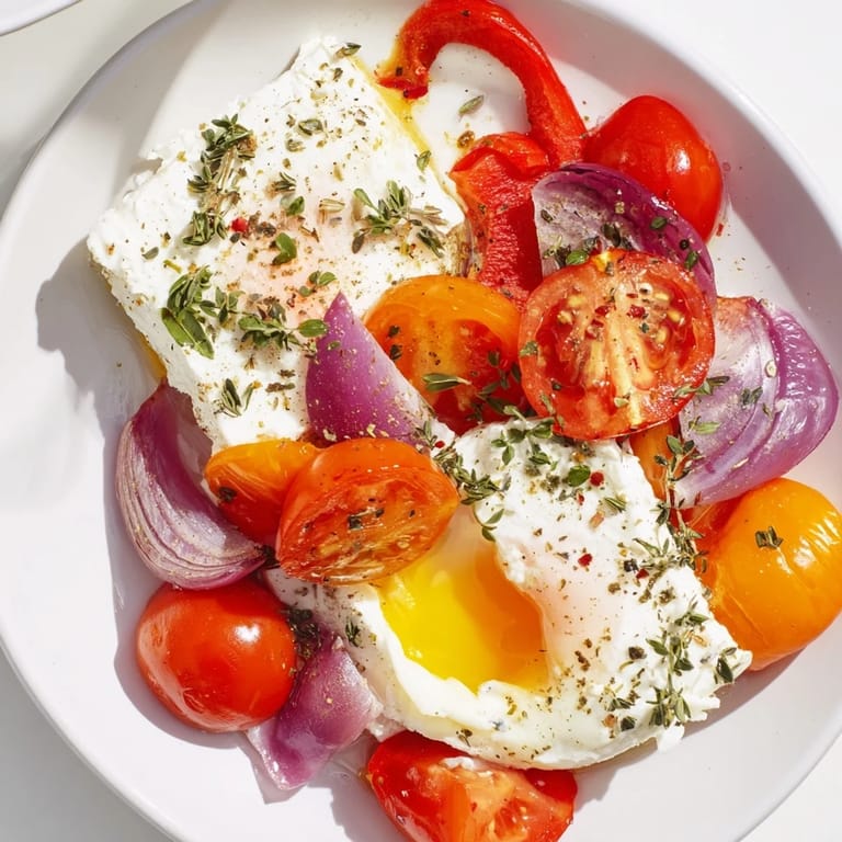 Golden-yolked eggs pair with salty feta in this beautiful Mediterranean Baked Feta & Eggs recipe.