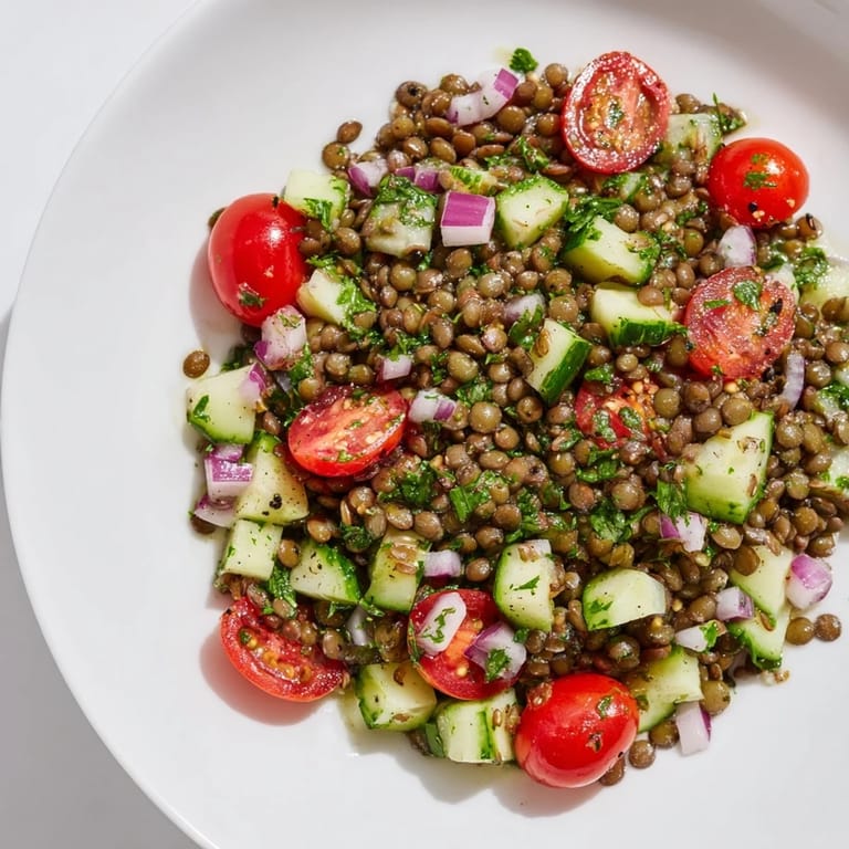 Fresh, flavorful lentil salad, featuring tender lentils dressed with a zesty mustard vinaigrette.