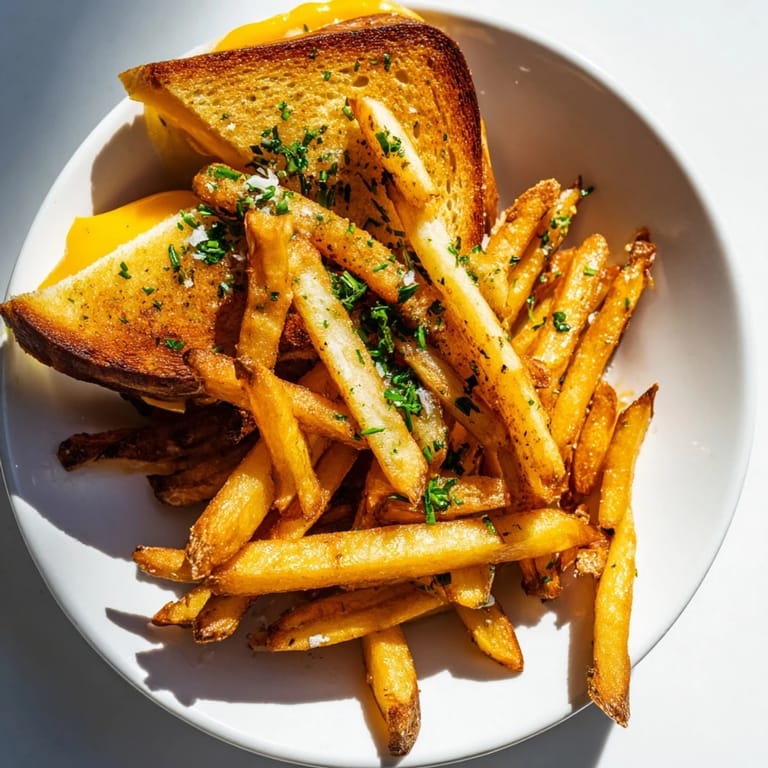 A plate of sizzling beef tallow french fries and a melty grilled cheese, ready to enjoy.
