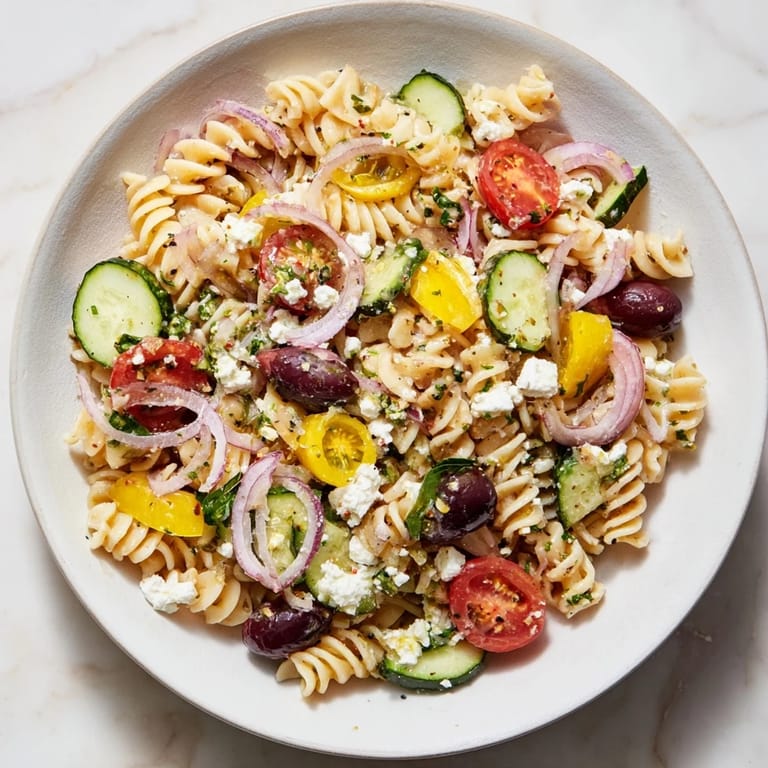 Close-up view of Lemon Pasta Salad: cooked pasta tossed in a zesty lemon dressing, ready to eat.
