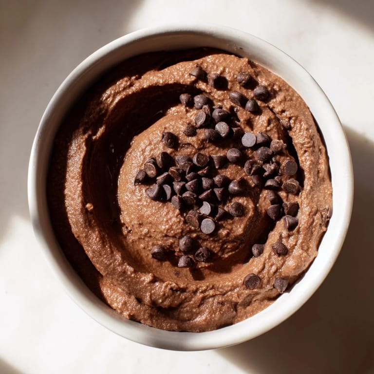Homemade chocolate hummus, a smooth, vegan dessert dip with optional chocolate chips included.