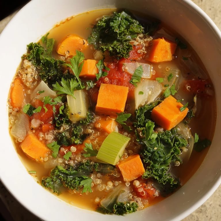 Freshly garnished Nourishing Winter Veggie Soup, perfect for a cozy, healthy winter dinner.