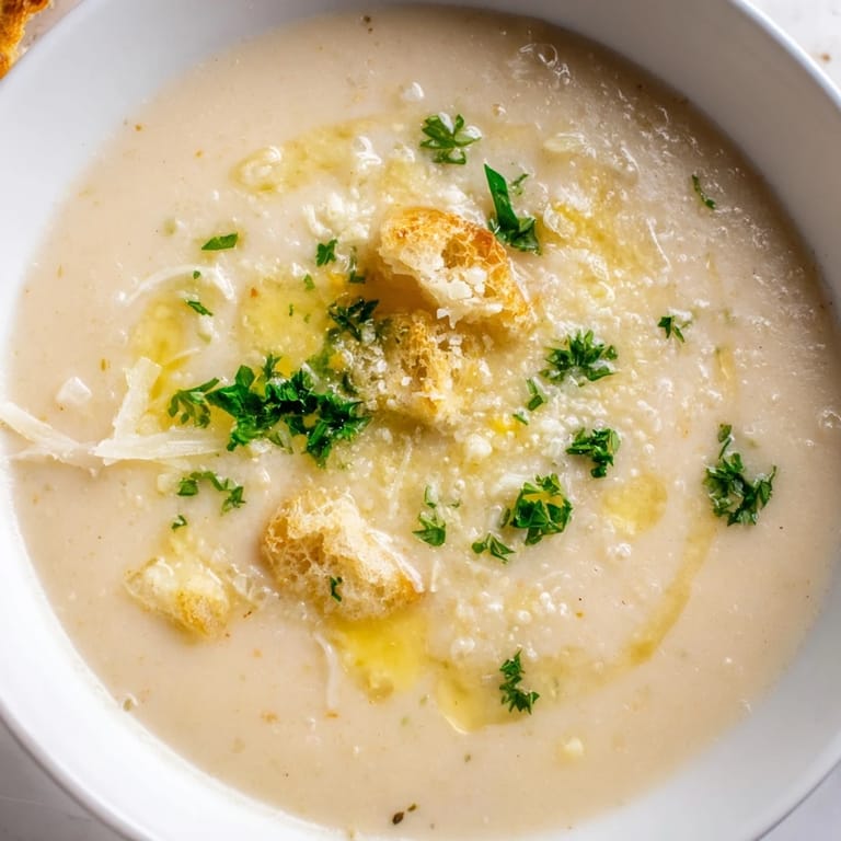Velvety smooth creamy garlic bread soup, perfect for dipping crusty bread in and enjoying a warm meal.