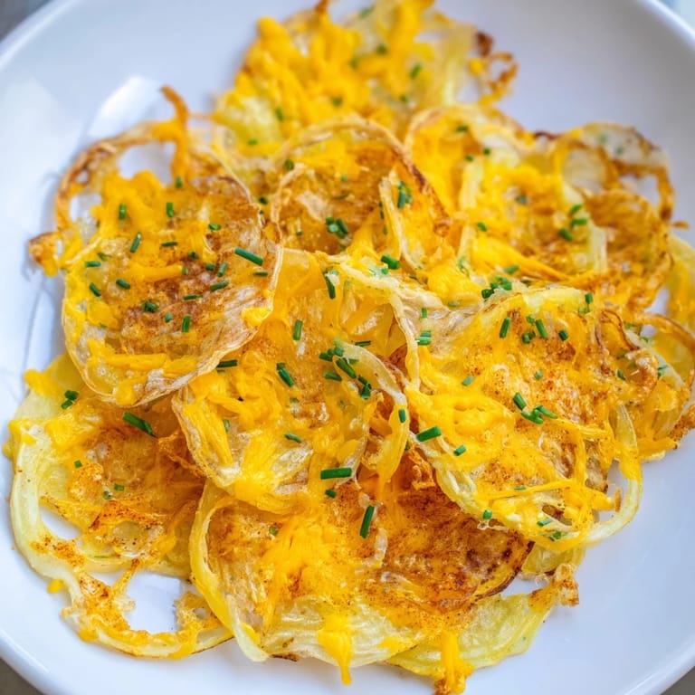 Air-fried Crispy Onion Cheese Chips, featuring perfectly browned onion rings and bubbling, crispy cheese pulls.