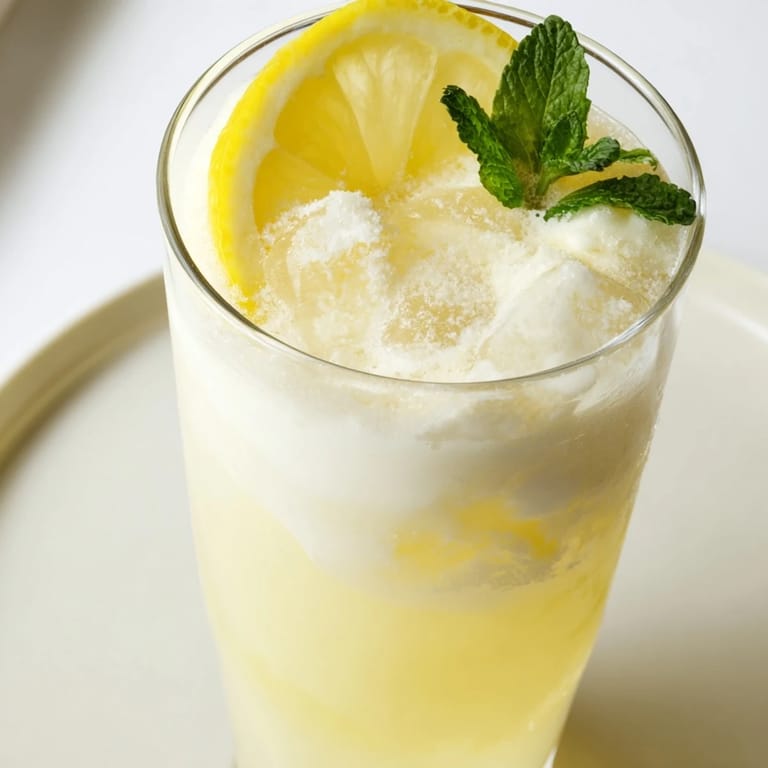 Enjoy a cool glass of creamy lemonade drink, featuring a frothy top garnished with mint and lemon.