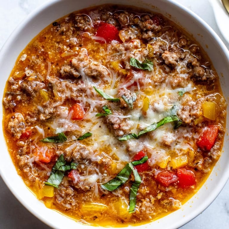 Close-up of a bubbling, hearty Pizza Soup, featuring Italian sausage and colorful bell peppers.