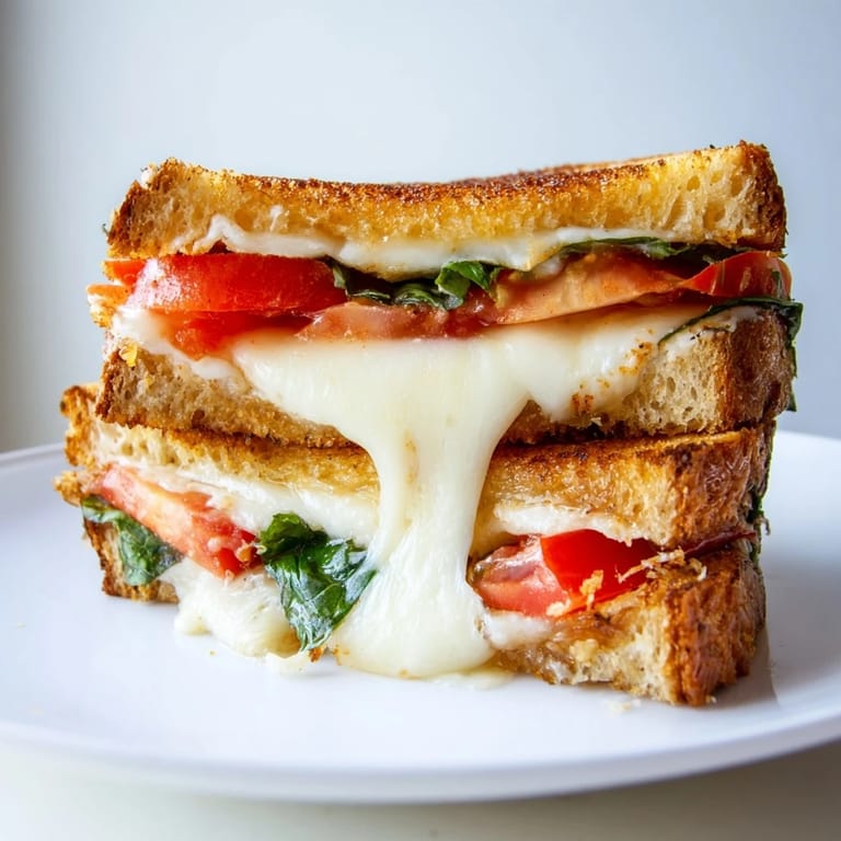 Fresh tomato basil grilled cheese sandwich on toasted sourdough, melting mozzarella and vibrant basil leaves, served warm beside a tomato soup bowl.