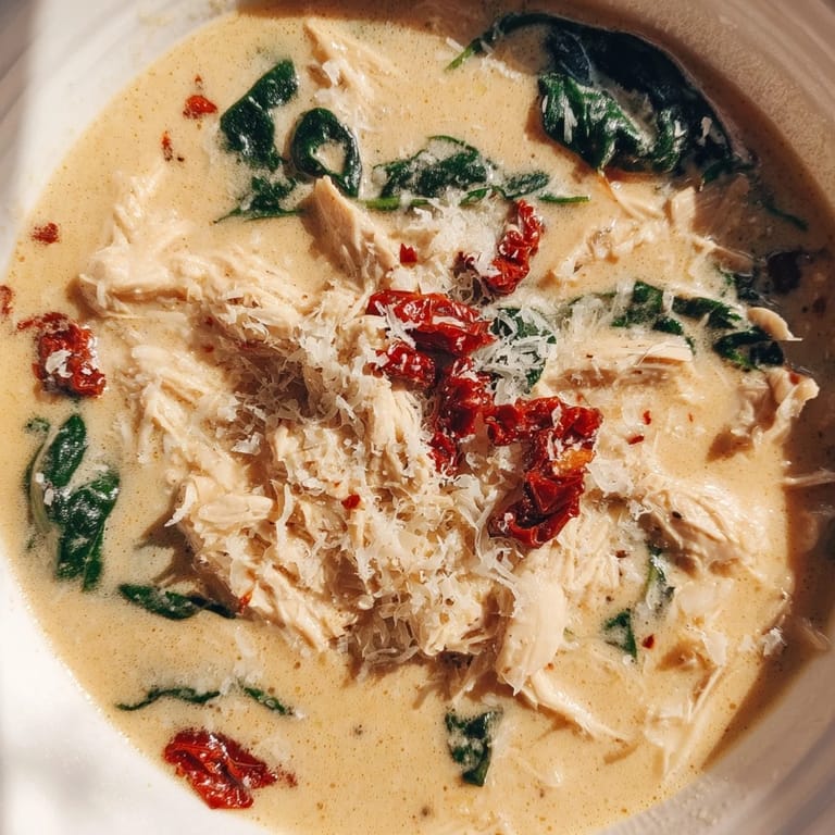 Creamy Tuscan Chicken Soup in a rustic mug, garnished with fresh spinach and sun-dried tomatoes, showcasing the velvety, savory broth perfect for a cozy dinner.